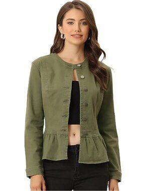 Women's Peplum Denim Jacket Ruffle Hem Crop Collarless